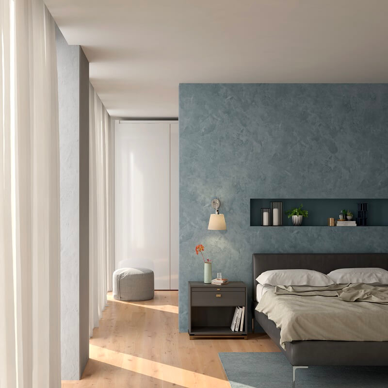 Vopsea lavabilă NOVALUX E BASE DEEP novalux base deep, vopsea lavabila, vopsea calitate superioara, aplicare interior exterior, pat, noptiera, vaza flori, lampa, carti, lumanari decorative, ghivegi plante, elemente decorative, lenjerie, perne, covor, parchet, taburete, dormitor matrimonial, perete accent, albastru, efect umbre, perdea